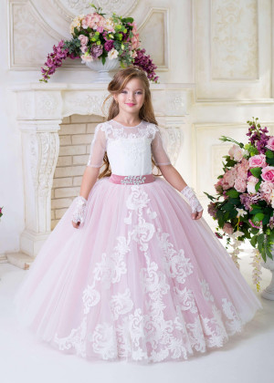 Short Sleeves Beaded Lace Tulle Elegant Flower Girl Dress